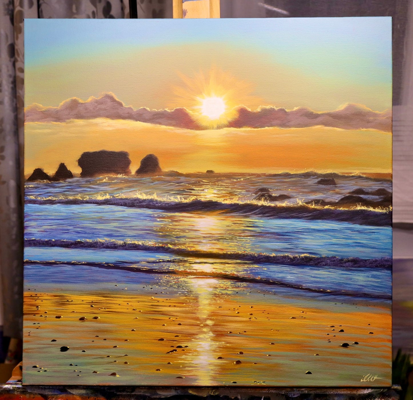 “Ocean Ember” Motukiekie Beach Original Painting 50x50cm